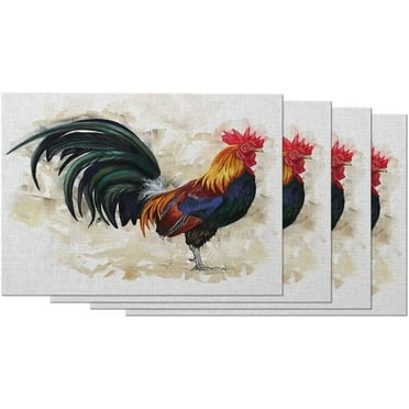 Rooster Placemats Watercolor Farm Animal Rural Poultry Chicken Brushstroke Table Placemats for Dinning Table Washable Cotton Linen 12x18 Inch, Set of 4