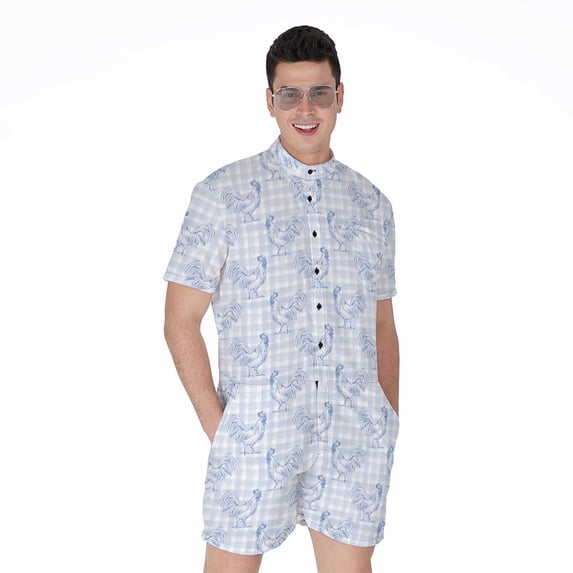 Rooster Plaid Pattern Short Sleeve Men'S Rompers, Checkered Caro Plaid Tartan Casual Summer Jumpsuits Outfit