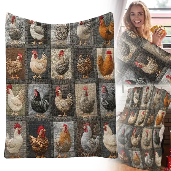 Rooster Plaid Print Blanket Cute Cozy Chicken Throw Quilt Lightweight Flannel Blanket Funny Chicken Decor For Couch Bed Sofa Warm Farmhouse For Adults & Kids