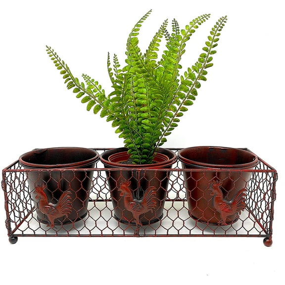 Rooster Planter Rustic Burgundy Decor 3 Metal Pots In Wire Basket Farmhouse Barnyard Inspired Indoor Outdoor 14" x 4.5"