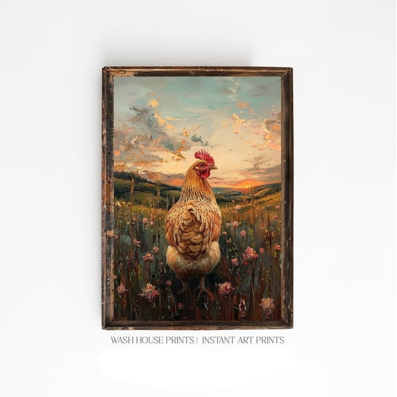 Rooster Poster Farmhouse Wall Art Chicken Decor Buff Orpington Rooster In A Flower Meadow Poster Chicken Farm Poster Cottage, 16x24 UNFRAMED