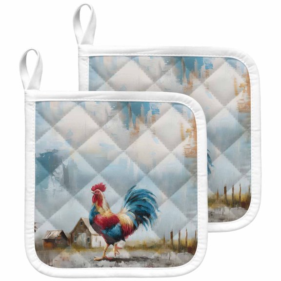 Rooster Pot Holders for Kitchen Heatproof Potholder, 2 Pack Modern Oil Painting Farmhouse Art Hot Pads Multipurpose Oven Pads Terry Cloth Potholders Trivet for Cooking and Baking