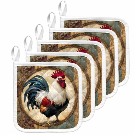 Rooster Pot Holders for Kitchen Heatproof Potholder, 5 Pack Vintage Rustic Farmhouse Style Oil Painting Hot Pads Multipurpose Oven Pads Cloth Potholders Trivet for Cooking Baking