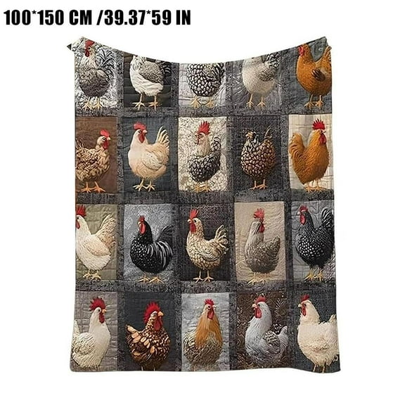 Rooster Print Blanket,Cozy Vintage Chicken Quilt Blanket,Funny Chicken Print Flannel Blankes,Black Throw Blankets with Cute Roosters Farm Quilt Design,Warm Farmhouse Gifts for Home & Gifting