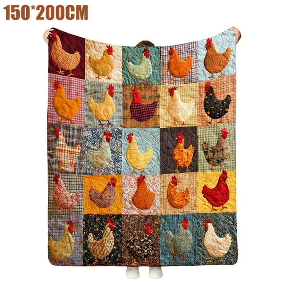 Rooster Print Blanket,Cozy Vintage Chicken Quilt Blanket,Funny Chicken Print Flannel Blanket,Orange Throw Blanket with Cute Roosters Farm Quilt Design for Couch Bed Sofa,Warm Farmhouse Gift