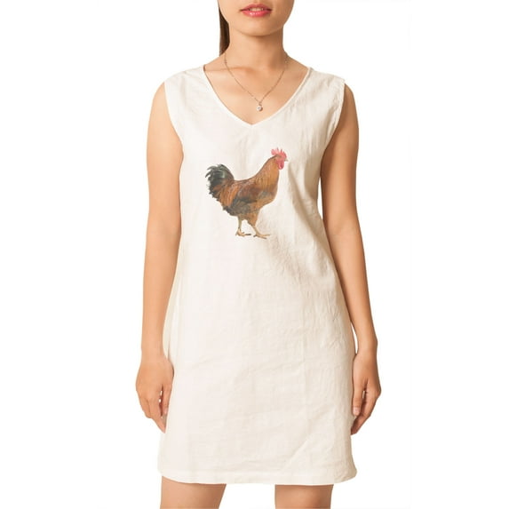 Rooster Printed Vintage Cotton V-neck Linen Mini Shift Dress WDS_02 8