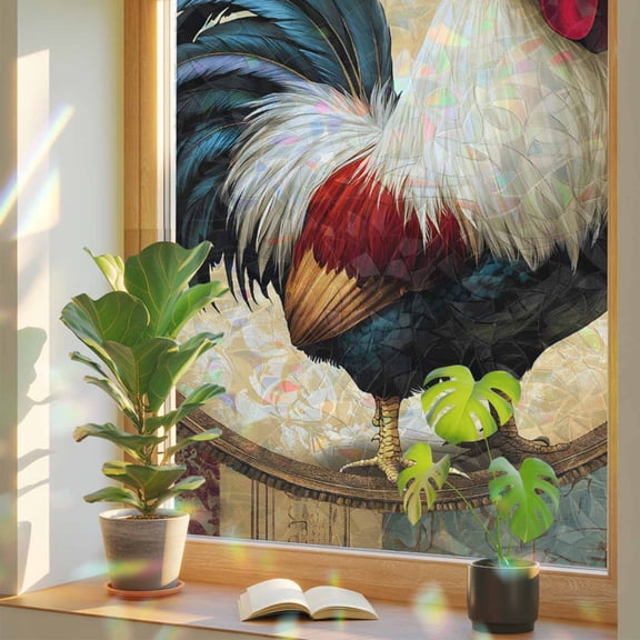 Rooster Privacy Window Film, Decorative Stained Glass Window Film, Vintage Rustic Farmhouse Style Oil Painting Resuable Rainbow Static Cling for Home Bathroom Living Room Glass Door 17.7"x39.3"