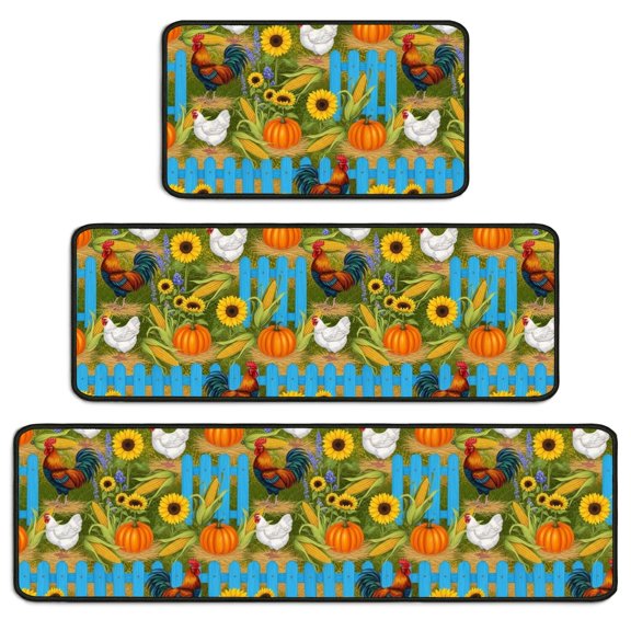 Rooster and Pumpkin Blue Pattern Kitchen Rugs Set Of 3, Non Slip Washable Kitchen Runner Rugs, Decorative Floor Mats for Sink Laundry and Home Use, 17"x30" + 17"x47" + 17"x59"