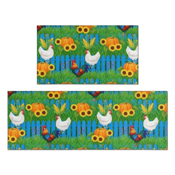 Rooster and Pumpkin Green Pattern Anti Fatigue Kitchen Rugs Set Of 2, Non Slip Washable Decorative Floor Mats for Kitchen Sink Laundry, 17"x30" and 17"x47"