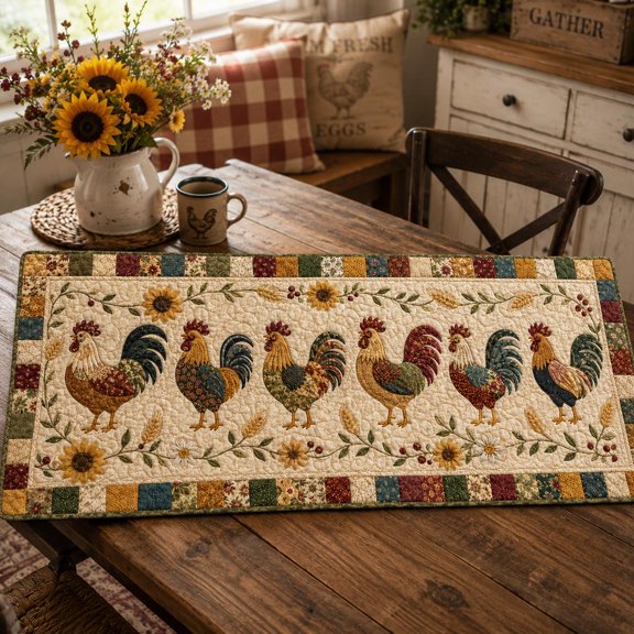 Rooster Quilted Table Runner, Farmhouse Kitchen Decor, Patchwork Sunflower Topper