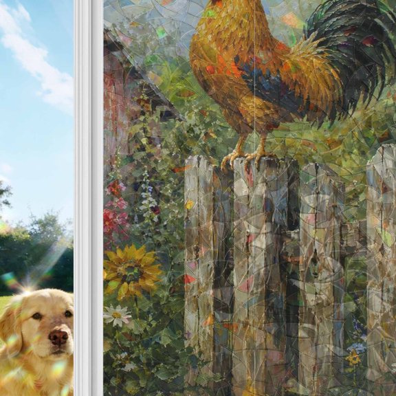 Rooster Rainbow Window Privacy Film, Rustic Farmhouse Country Wood Fence Red Barn Sunflower Stained Glass Window Film, Sun Blocking Static Cling Non Adhesive Door Stickers 17.7 x 39.3 Inches