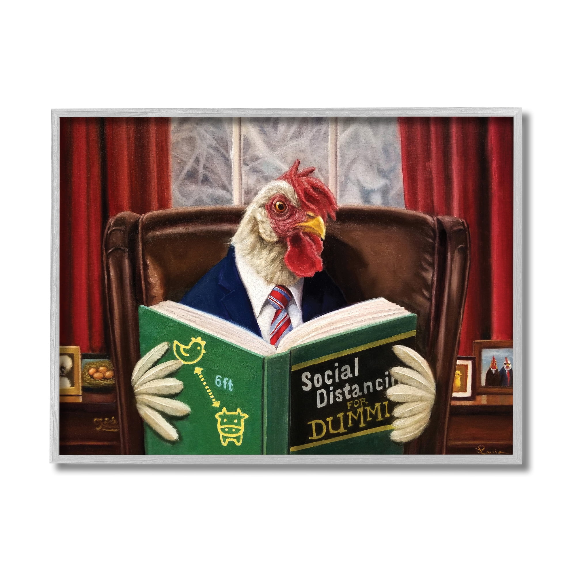 Rooster Reading at Desk Social Distance Dummies 20 in x 16 in Framed Painting Art Prints, by Stupell Home Décor