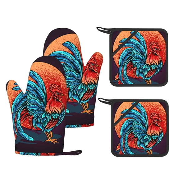 Rooster Red Moon 4-Piece Silicone Oven Gloves and Pot Holders Set Hot Pads for Kitchen Cooking BBQ Baking Chefs Cooks
