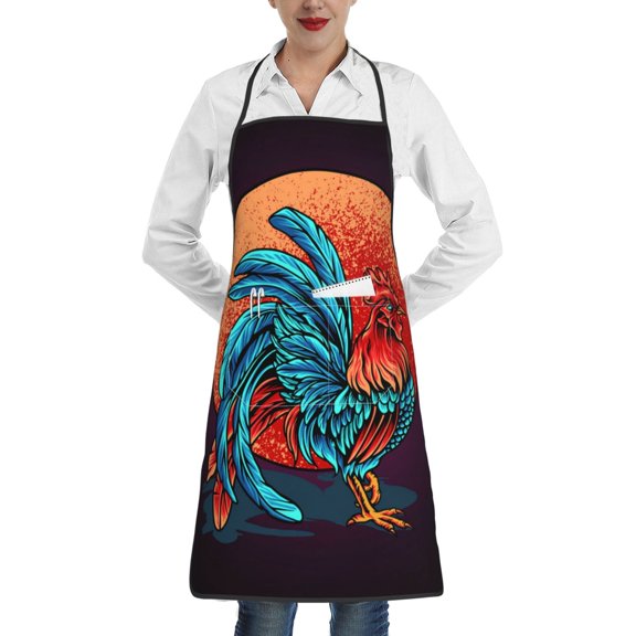 Rooster Red Moon Apron with Pocket Cooking Waterproof Bib Aprons for Kitchen Baking Chef Gardening BBQ