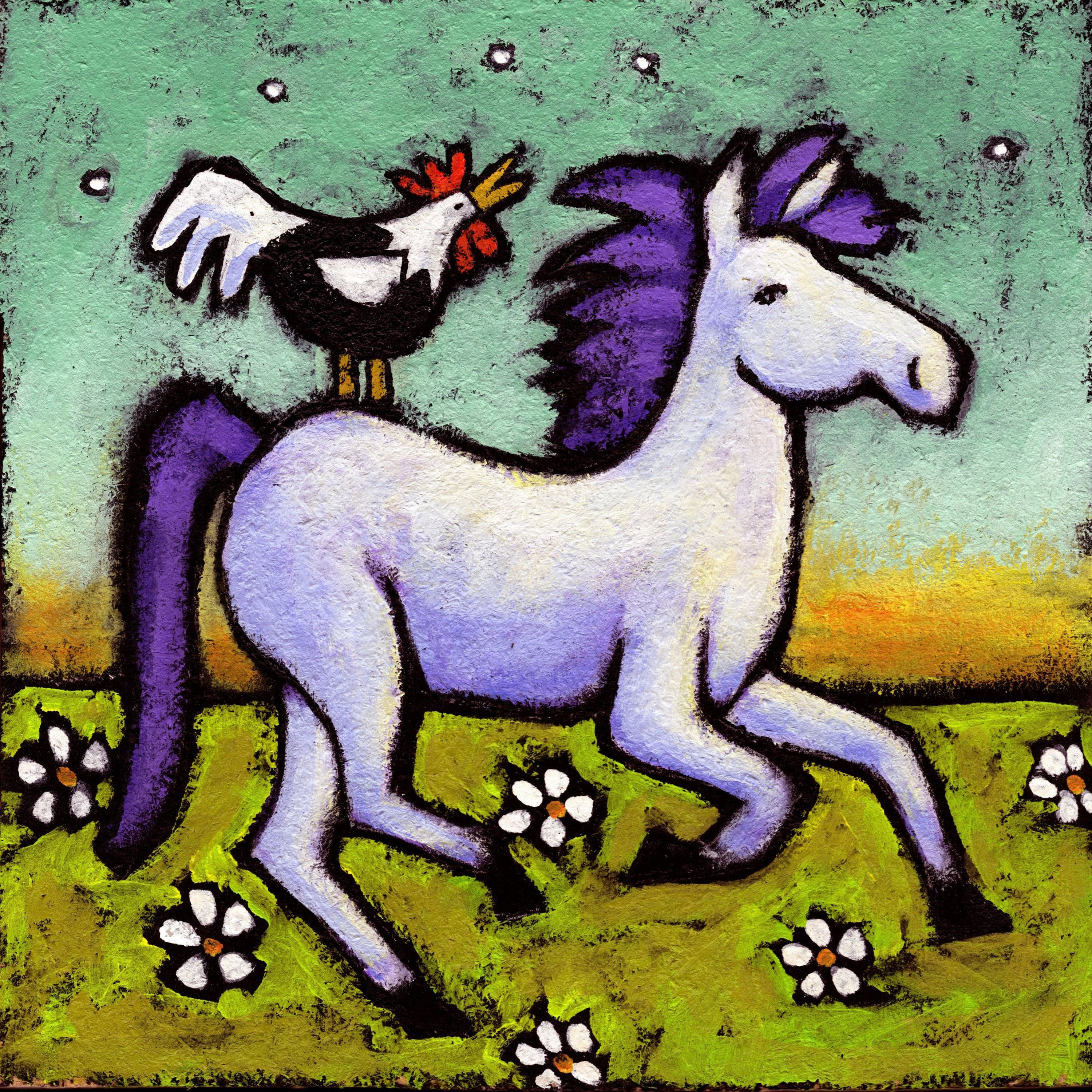 "Rooster Rides a Horse" Painting Print on Wrapped Canvas