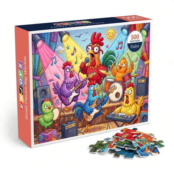 Rooster Rock Band Jigsaw Puzzle for Adults 500 Pieces, Colorful Cartoon Chicken Music Concert Illustration, Premium Thick Cardboard with Matte Finish, Fun Gift for Music Lovers and Animal Fans