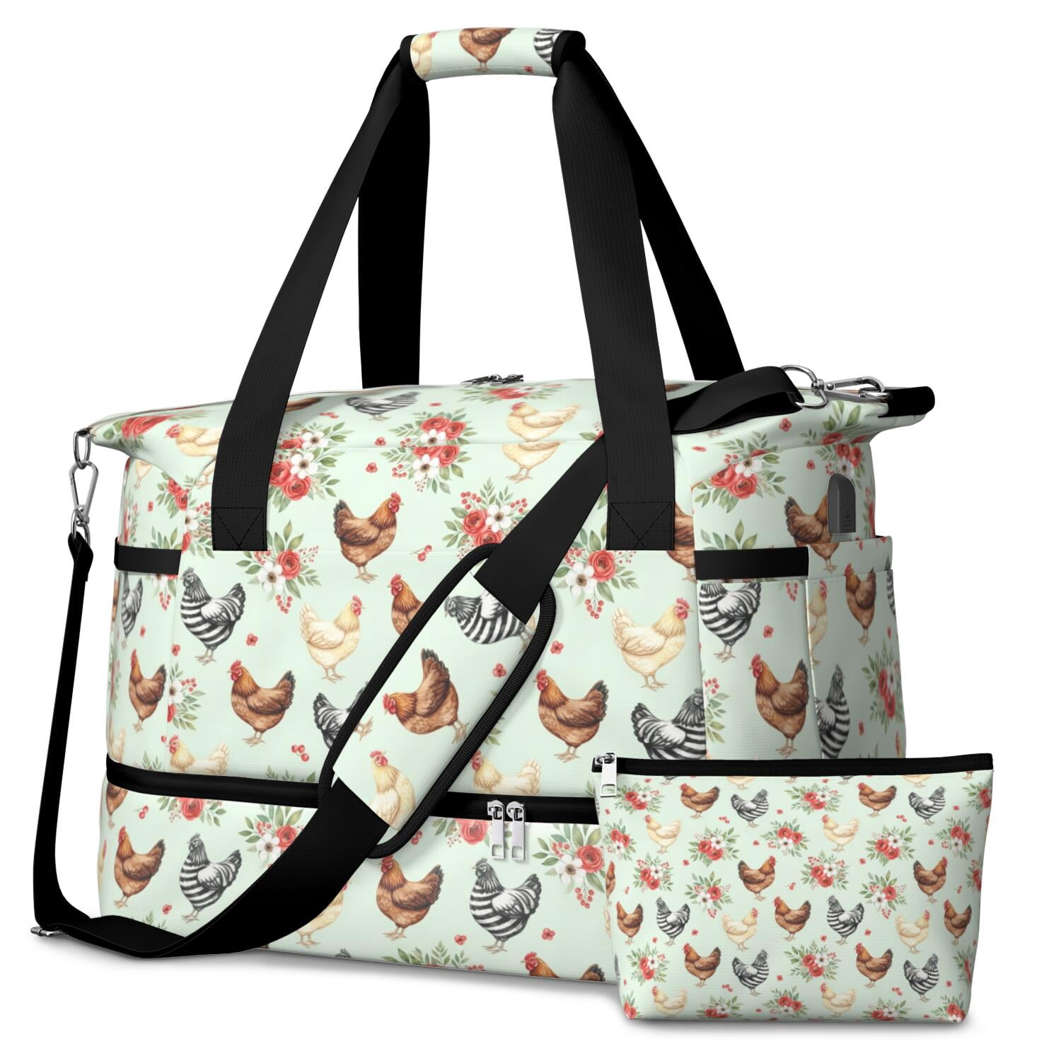 Rooster and Rose Green Pattern Gym Duffel Bag 2 Piece Set, Sports Tote ...