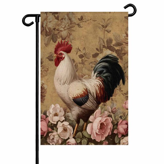 Rooster Roses Garden Flag 12x18 Inch Retro Country Rooster Pink White Floral Double Sided Small Decorative Garden Flags for Outside, Outdoor Yard Porch Lawn Decoration