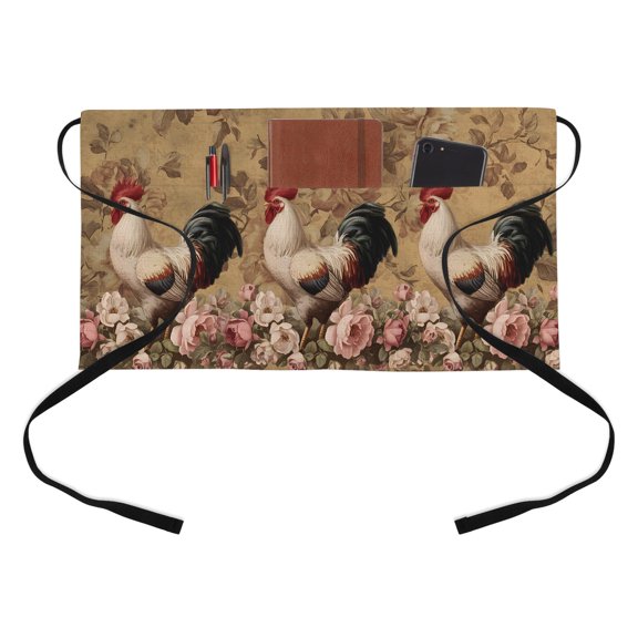Rooster Roses Kitchen Restaurant Half Waist Apron, Retro Country Rooster Pink White Floral Server Short Apron with 3 Pockets Waterproof Oil Waist Aprons for Women Waitress Waiter