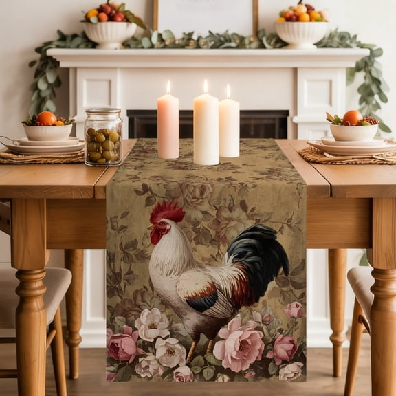 Rooster Roses Table Runner, Retro Country Rooster Pink White Floral Washable Cotton-linen Table Runners Dining Kitchen Decoration for Everyday Home Wedding Party Decor, 13 x 36 Inch