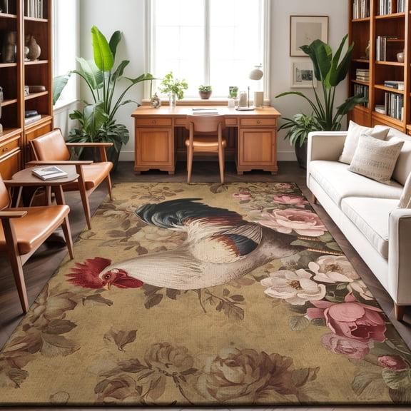 Rooster Roses Washable Area Rug 9 x 12 ft Retro Country Rooster Pink White Floral, Soft Non Slip Rugs Stain Repellent Indoor Felt Carpet for Living Dining Room Bedroom Home Office