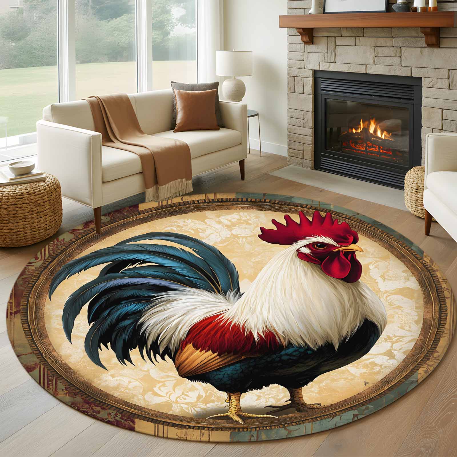 Rooster Round Area Rug 6 FT, Non Slip Bedroom Area Rug, Vintage Rustic ...