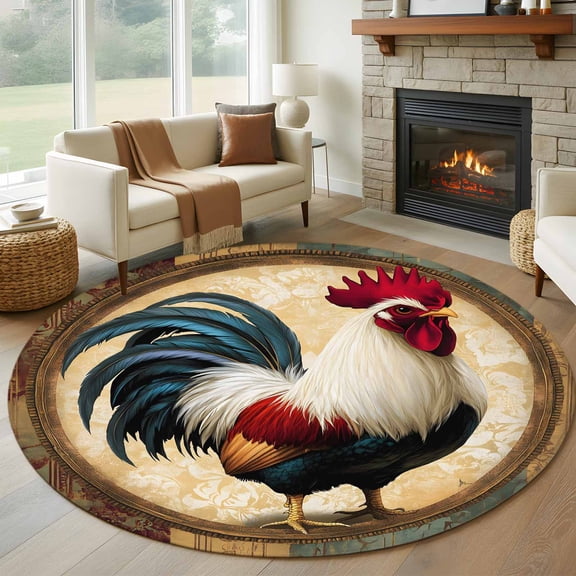 Rooster Round Area Rug 6 FT, Non Slip Bedroom Area Rug, Vintage Rustic Farmhouse Style Oil Painting Washable Soft Circular Carpet Non-Shedding Floor Mat for Kitchen Dining Room Home Office Kids Room