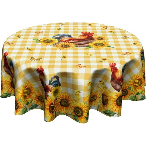 Rooster Round Tablecloth 60 Inch - Sunflower Chicken Table Cloth Farmhouse Animal Tablecloth Floral Butterfly Buffalo Plaid Table Cover for Kitchen Dining Indoor Outdoor