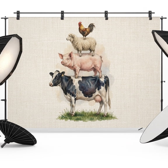 Rooster Sheep Pig Cow Backdrops for Photography, Rustic Farmhouse Vintage Cottagecore Fabric Photo Background Sturdy Studio Props for Photo Studio, Video Recording, Booth & Photoshoot 7x5ft