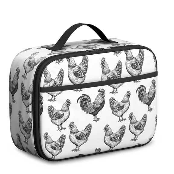Rooster and Sketch White Pattern Insulated Lunch Bag Teens,Bento School Lunch Bag for Teens for Work,Picnic or Travel 10.6x7.7x4.3 Inches,12 Can Capacity