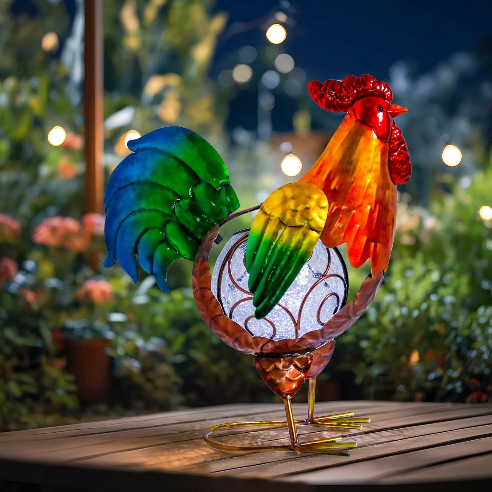 Chicken Statue,Rooster Solar Lights Outdoor Garden Decor, Rooster Solar Light with Crackle Glass Globe Gardening Statue Gifts and Metal Statue ,for Lawn Porch Patio Outside Garden