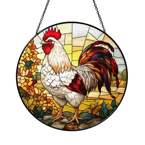 Rooster Stained Glass Panel – Farmhouse Style Window Hanging with Red and White Design