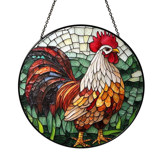 Rooster Stained Glass Panel with Bold Colors and Greenery, Vibrant Farmhouse Circular Window Decor