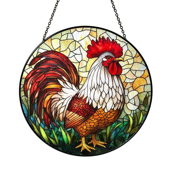Rooster Stained Glass Style Panel, Farmhouse Decorative Circular Window Art