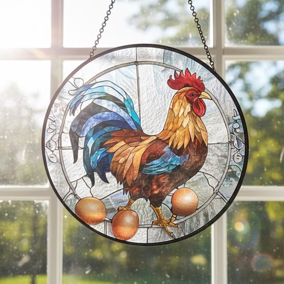 Rooster Stained Glass Suncatcher, Farmhouse Window Decor,Rustic Chicken Sun Catcher,Country Home Gift,Barnyard Kitchen Decor,Glass Art Panel 6 INCHES