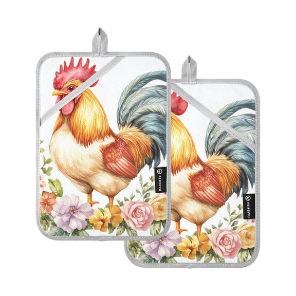 Rooster Stand on Flowers Pot Holder Heat Resistant Mat Oven Hot Pads Pocket Design Potholders Set of 2