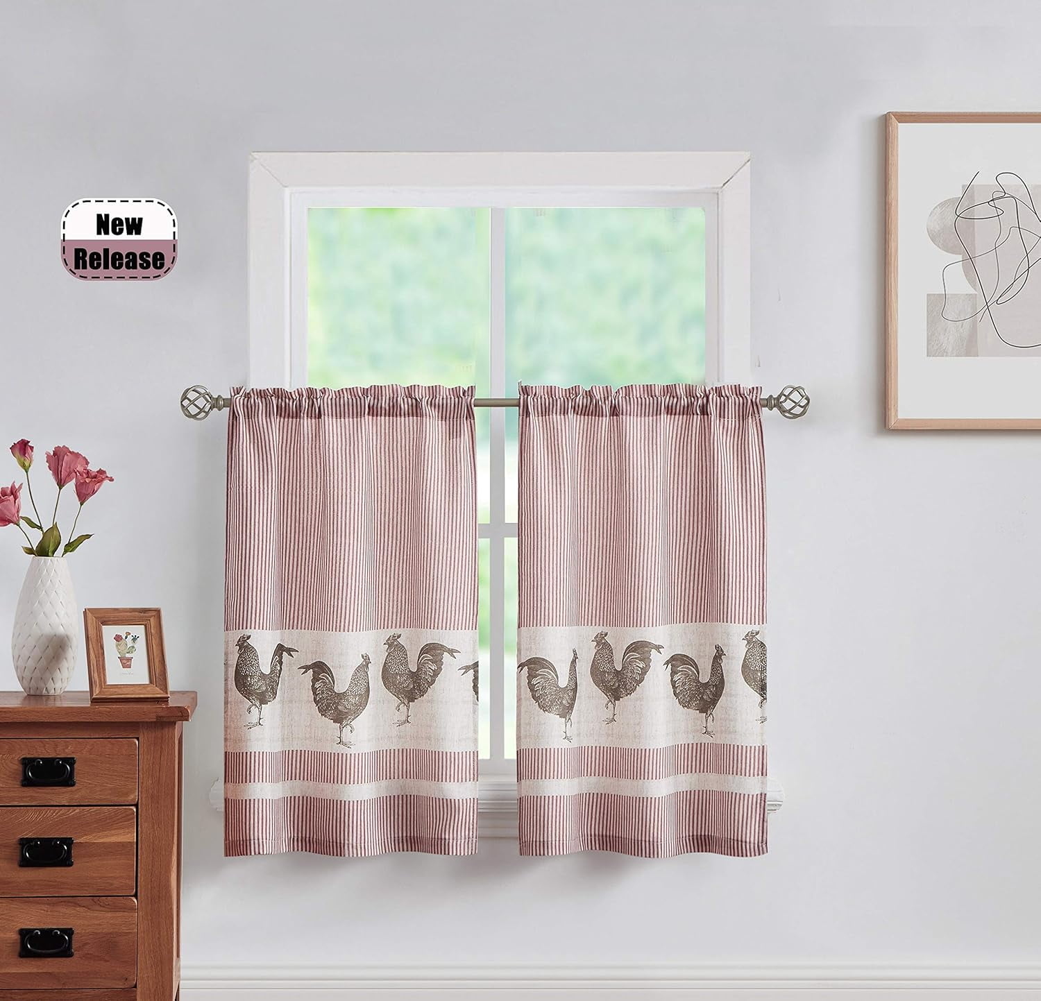 Rooster Stripe Rustic Cafe Cgicken Kitchen Country Curtains Tier, Rod