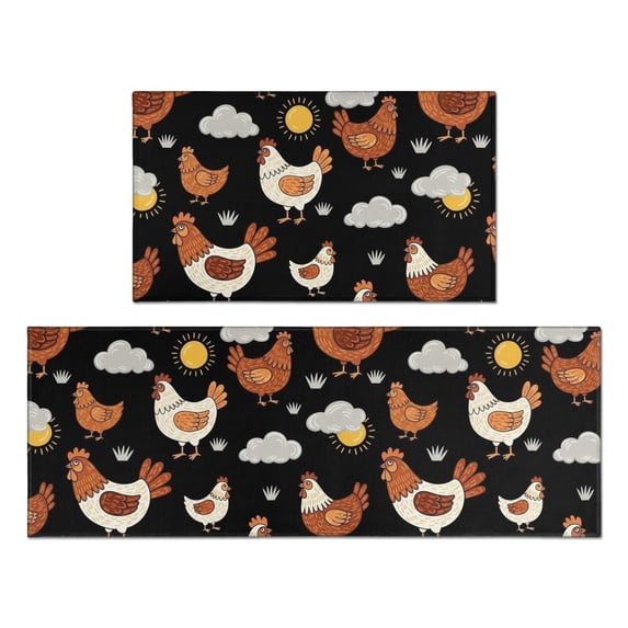 Rooster and Sun Black Pattern Anti Fatigue Kitchen Rugs Set Of 2, Non Slip Washable Decorative Floor Mats for Kitchen Sink Laundry, 17"x30" and 17"x47"