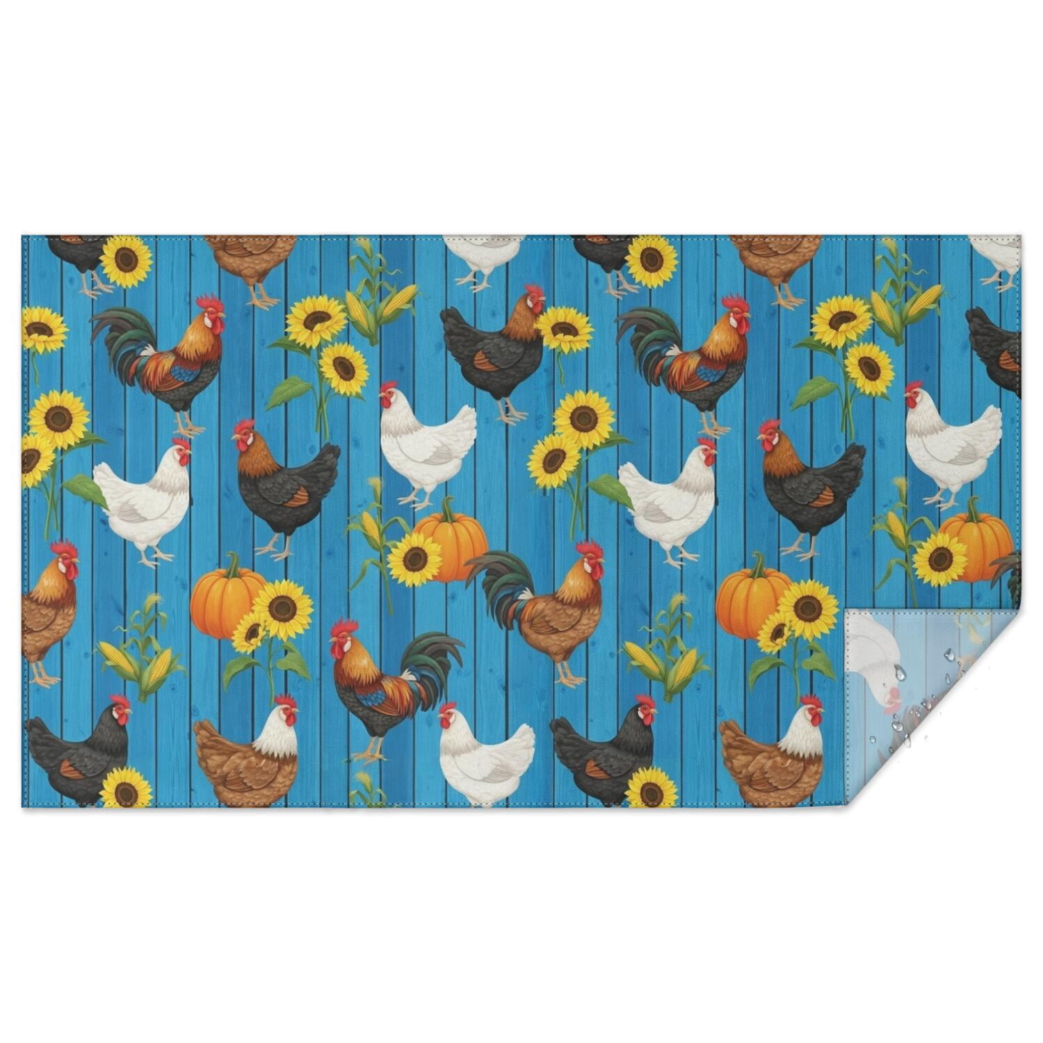 Rooster and Sunflower Blue Pattern Waterproof Tablecloth, Rectangular ...