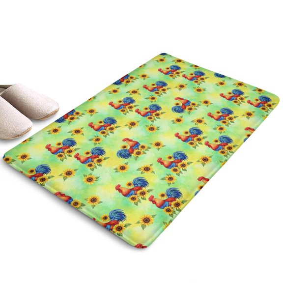 Rooster and Sunflower Green Pattern Flannel Non Slip Washable Indoor Door Mat, Decorative Dirt-Resistant and Absorbent Rug for Entrance, Bedroom, Kitchen, Bathroom, 23.5"x16"