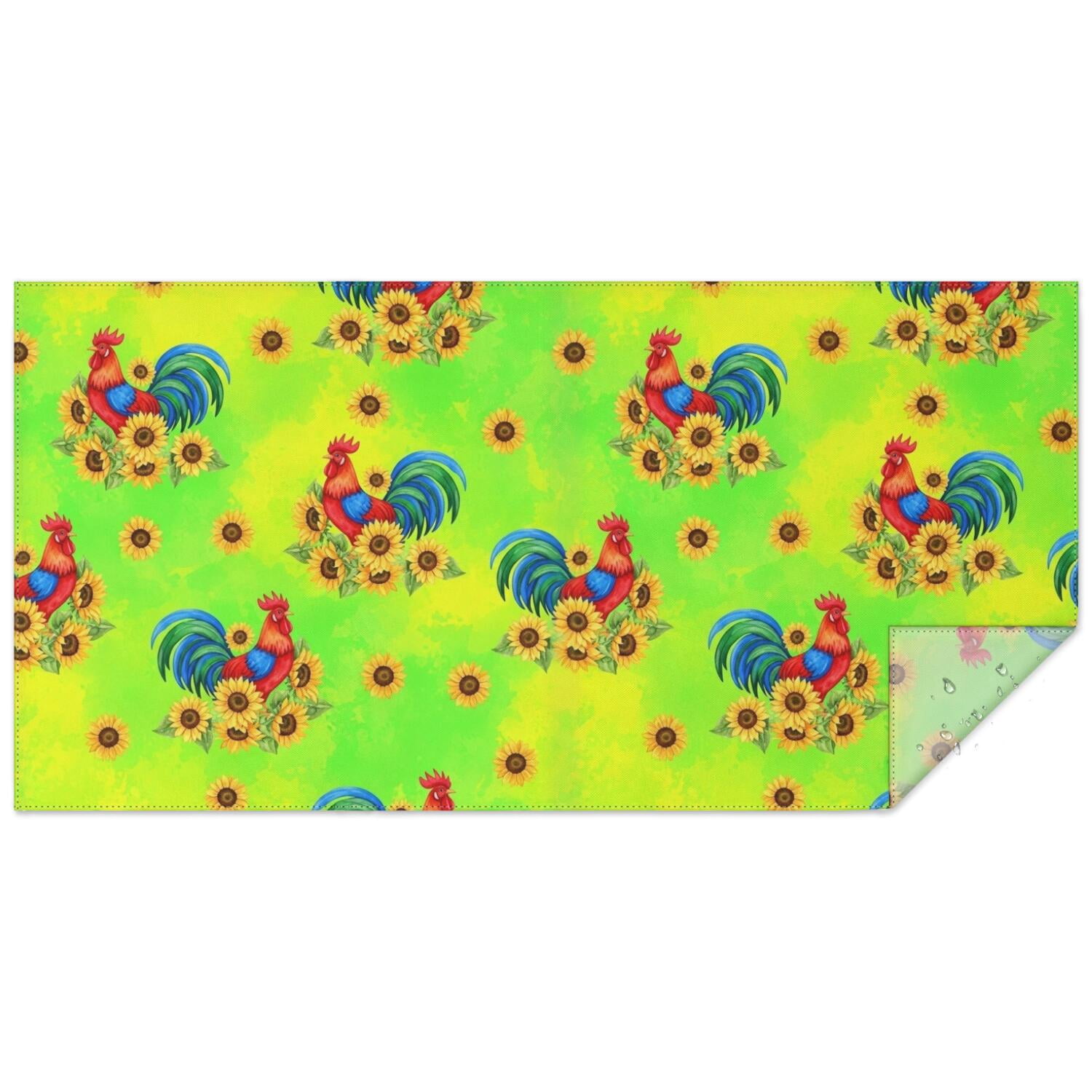 Rooster and Sunflower Green Pattern Waterproof Tablecloth, Rectangular ...