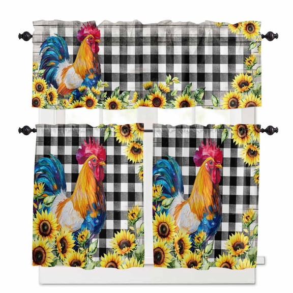 Rooster Sunflower Kitchen Curtains Valances and Tiers Set of 3, Farmhouse Black Plaid 36 Inch Length Tier Curtains and Valance Rod Pocket Valance Curtains Set for Kitchen Bathroom Small Windows