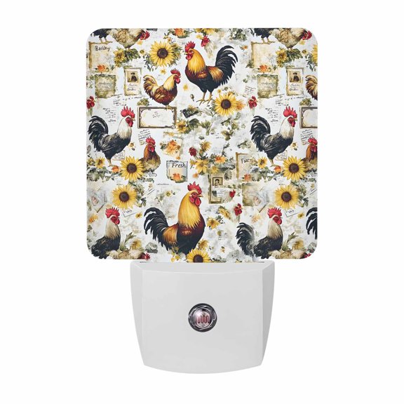 Rooster Sunflower Plug-in LED Night Lights Vintage Art Auto Dusk-to-Dawn Sensor for Bedroom, Bathroom, Kitchen, Nursery, Hallway, Stairs, Wall Home Decor