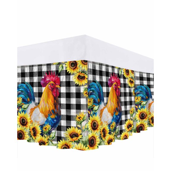 Rooster Sunflower Ruffle Bed Skirt California King Size Flower Animal Adjustable Elastic Dust Bed Skirts Wrap Around Bedskirt Wrinkle Free Easy Fit with 18 Inch Drop