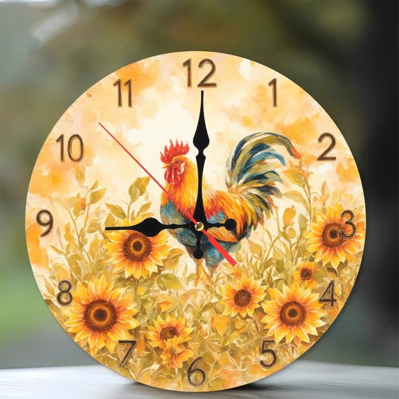 Rooster Sunflower Wall Clock Farmhouse Kitchen Decor 10-Inch Silent Wooden Wall Clock, Battery Operated (AA Batteries Not Included), Artistic Home Decor