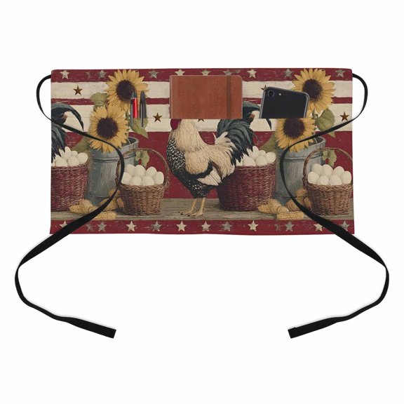 Rooster Sunflowers Kitchen Restaurant Half Waist Apron, American Country Eggs Red Star Stripes Server Short Apron with 3 Pockets Waterproof Oil Waist Aprons for Women Waitress Waiter