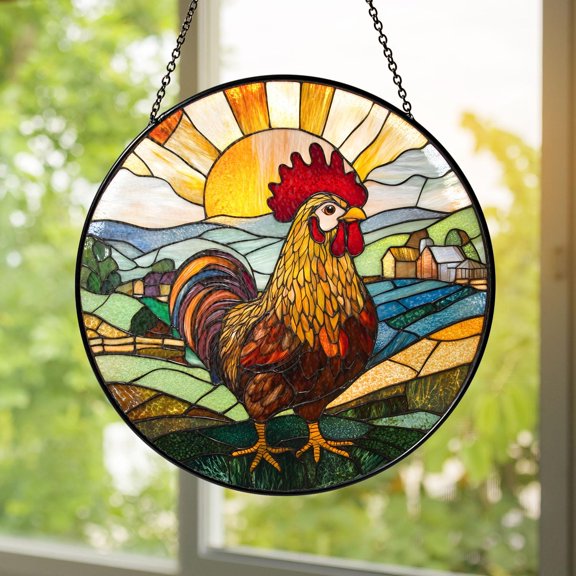 Rooster Sunrise Stained Glass Suncatcher Farmhouse Window Hanging Rustic Country Glass Panel Barnyard Kitchen Decor