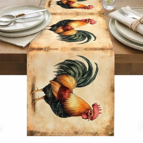 Rooster Table Runner 13 x 36 Inch, Retro Rooster Washable Cotton Linen Dining Table Runner Tabletop Decorations for Restaurant Home Kitchen Party
