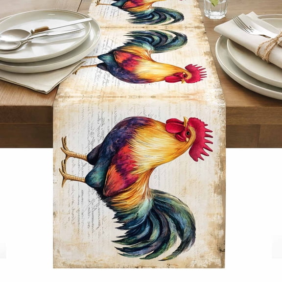 Rooster Table Runner 13 x 48 Inch, Retro Chicken Farm Animal Rustic Country Washable Cotton Linen Dining Table Runner Tabletop Decorations for Restaurant Home Kitchen Party
