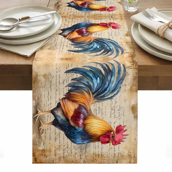 Rooster Table Runner 13 x 72 Inch, Retro Animal Washable Cotton Linen Dining Table Runner Tabletop Decorations for Restaurant Home Kitchen Party